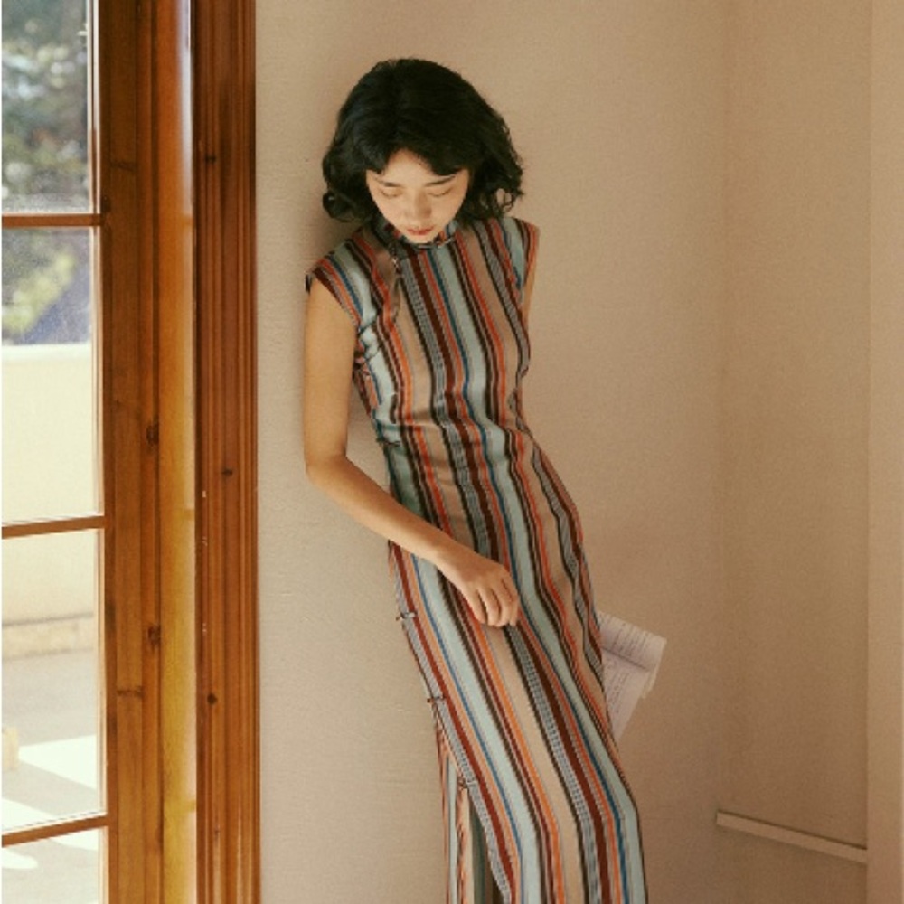 Blue and Brown Modern QiPao Midi Dress